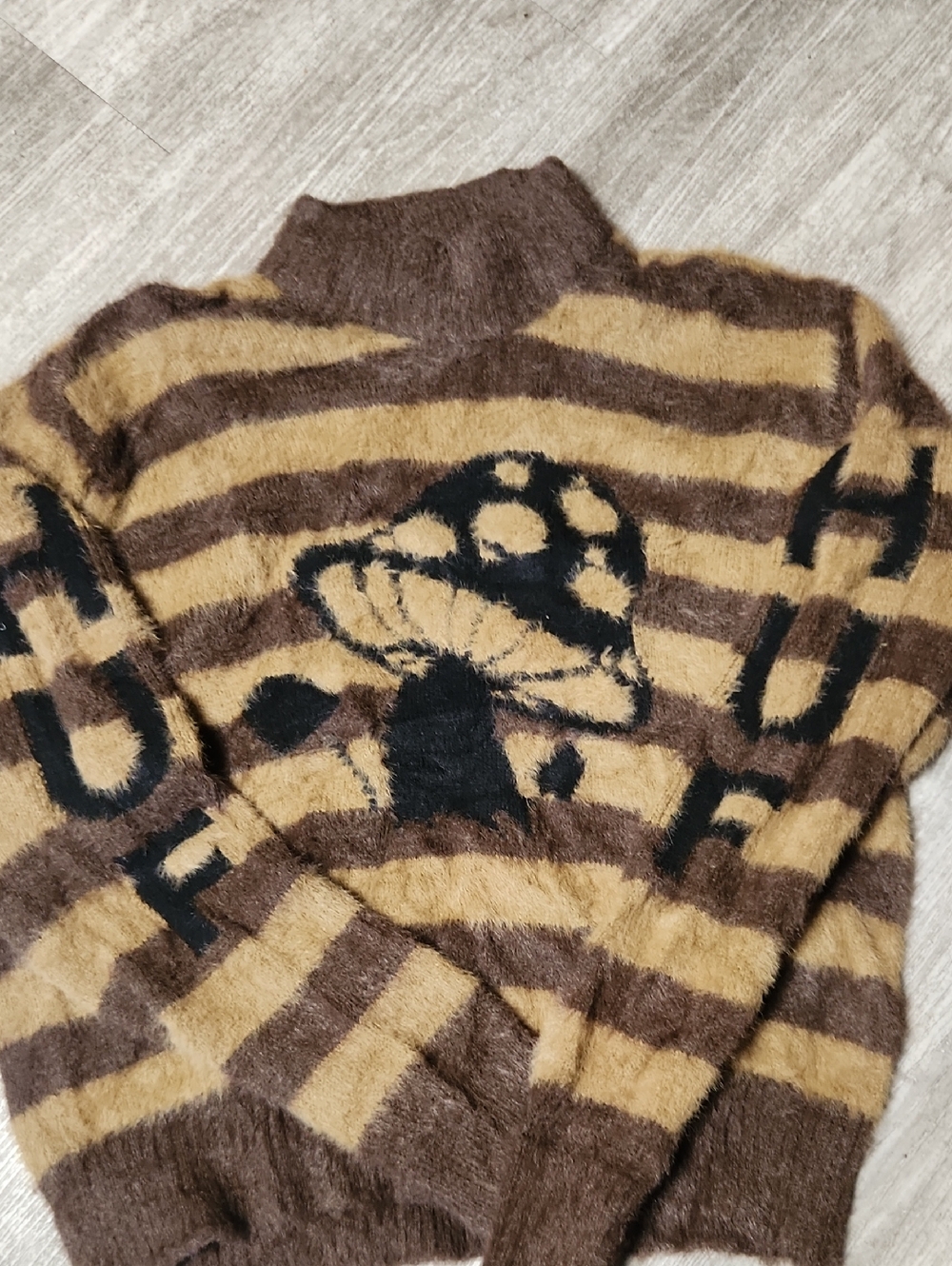 Womens HUF Brown & Tan Striped Fuzzy Sweater with Mushroom Motif - Picture 4 of 5